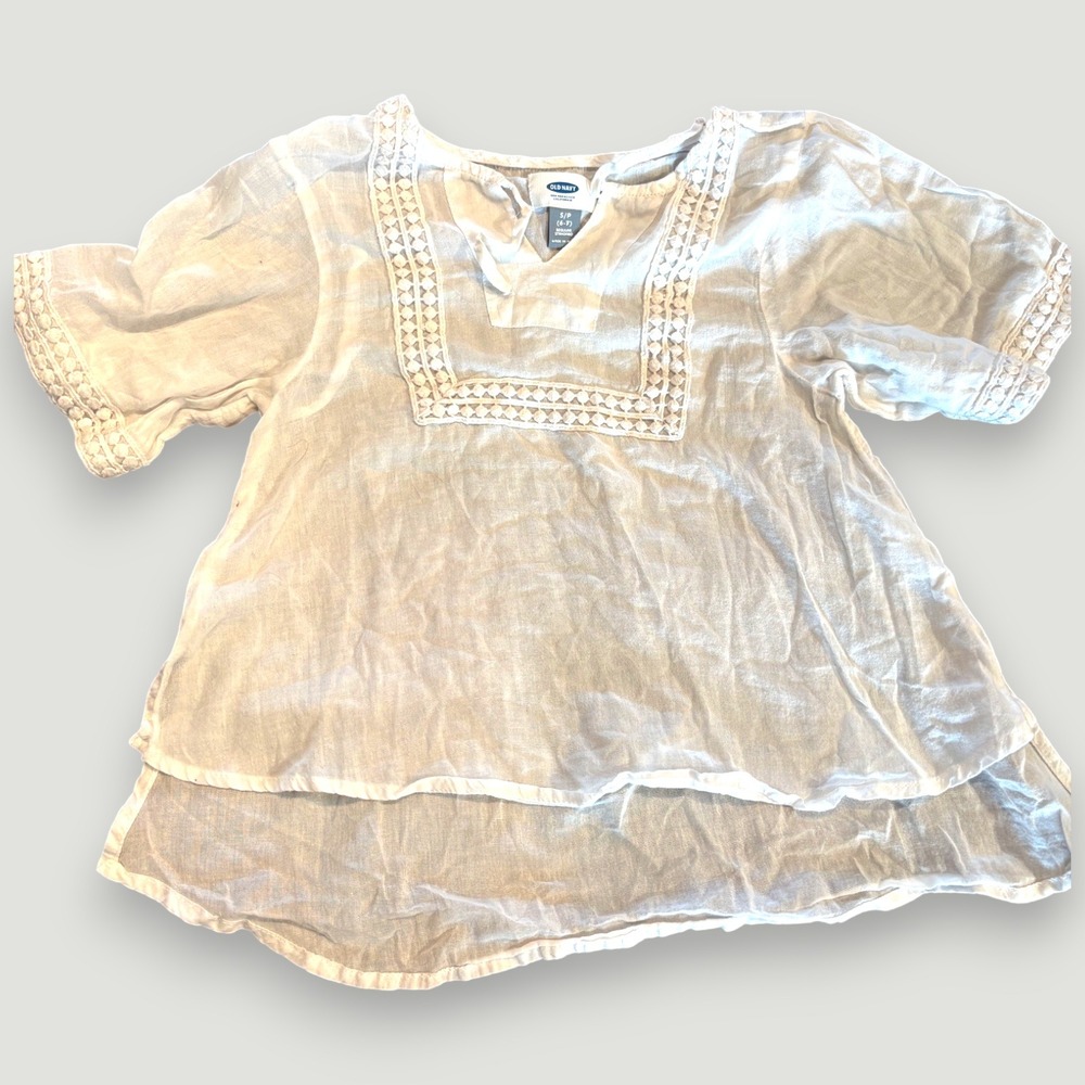 Old Navy Girls White Gauze Boho Crochet Lace Trim Blouse Top Size S 6-7